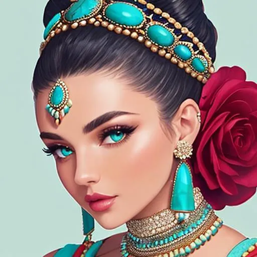 Prompt: An extremely gorgeous woman,  with top knots full of turquoise jewels