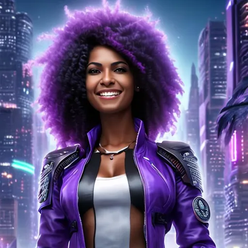 Prompt: attractive hot late-twenties black egyptian woman female, medium-brown skin, spiked hair with purple tips, smile, government uniform, futuristic tropical, portrait, realistic details, photorealistic, 8k render, cinematic lighting, ultra detailed