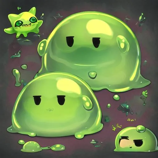 Prompt: slime pet, slime companion, friend, green, videogame, cute, monster, creature, king, magic, scrunkly