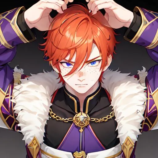 Prompt: Erikku male (short ginger hair, freckles, right eye blue left eye purple) muscular, UHD, 8K, Highly detailed, insane detail, best quality, high quality.  holding stacks of dollar bills, wearing clothes