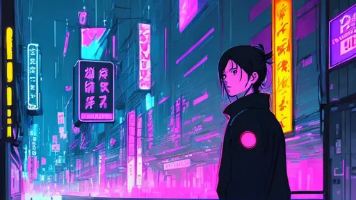 Prompt: draw captivating wide-angle shot, Emphasize featuring lone figure in techwear(like the one you find on techwearofficial.com) and sleek mask(half face). utilitarian details, neon-lit cityscape, and fusion of technology and fashion. Convey awe, anticipation, and immersion. digital art, anime style, masterpiece by Makoto Shinkai