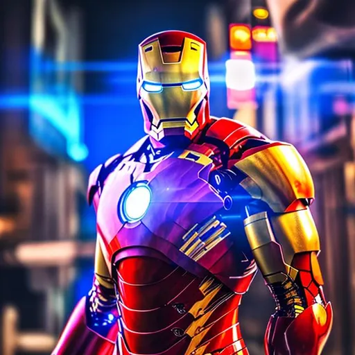 Prompt: Iron man in futuristic neon world full of people