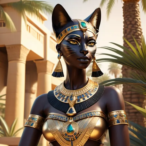 Prompt: Egyptian Goddess Bastet, furry demi-human form, as a dark-black skinned Egyptian woman, graceful pose, adorned in traditional garments, jeweled accessories, golden accents, reflective of ancient Egypt, lush background with palm trees, warm sunlight casting soft shadows, serene and empowering ambiance, intricate details, high quality, ultra-detailed, cinematic vibrancy.