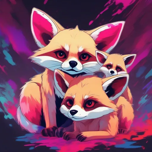 Prompt: anime style, fennec fox, a raccoon and a bear cub all sat together, vibrant trippy background, zoomed out, aesthetic scars, bloody, hallucinations, power, high definition, professional brush strokes 