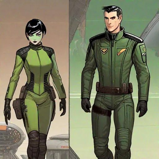Prompt: A green skinned scifi green female with green skin, she has short black bob hair, well drawn green face, uniform, her skin is green, she has green skin. embracing a Handsome caucasian male scifi pilot with very short slicked back (brown) pompadour undercut hair, fully dark entirely jet black leather jacket. green eyes, his skin is normal pale. detailed. star wars art. 2d art. 2d