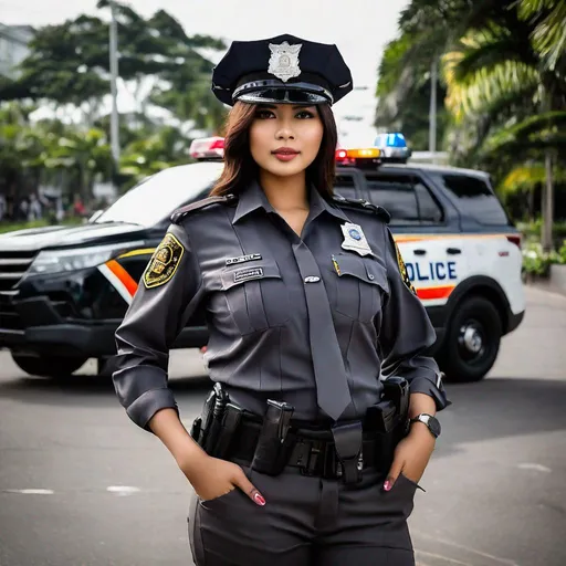 Prompt: pretty busty Indonesian woman, 25 year old, (round face, high cheekbones, almond-shaped brown eyes, epicanthic fold, small delicate nose), in unbuttoned police uniform, posing for a picture, action pose, backdrop policecar flashing lights, elegant, stylish, masterpiece, intricate detail, realism, hyper-realism, RAW photo, octane render, 8K, HDR, UHD