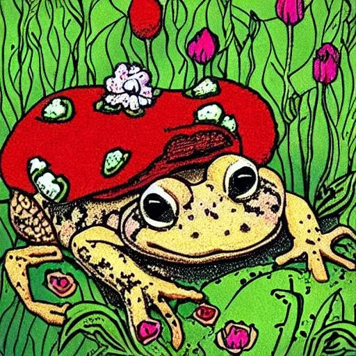 Prompt: toad, frog, flowers, aesthetic, cute, cartoonish
