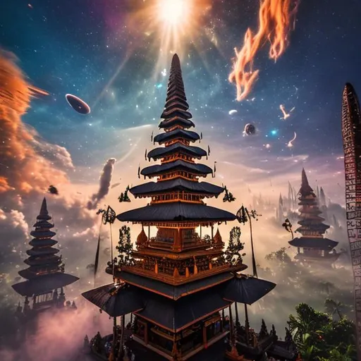 Prompt: (Fantasy)A breath taking view of a Balinese temple floating in the sunny sky surrounded by Cosmic space dust and crowded space dust and crowded with magical people 