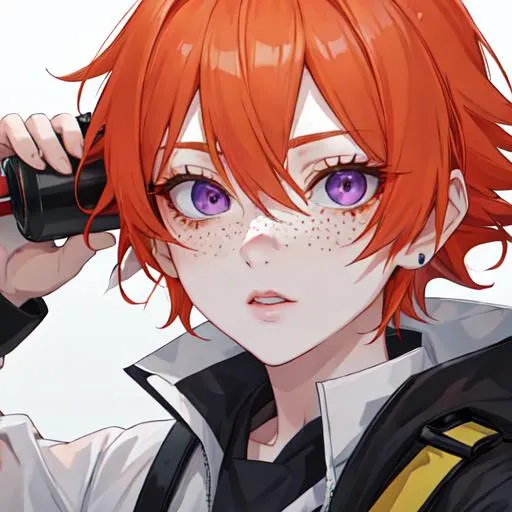 Prompt: Erikku male (short ginger hair, freckles, right eye blue left eye purple) UHD, 8K, Highly detailed, insane detail, best quality, high quality, holding a chainsaw