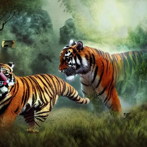 Prompt: man attacking tiger in fantasy background 