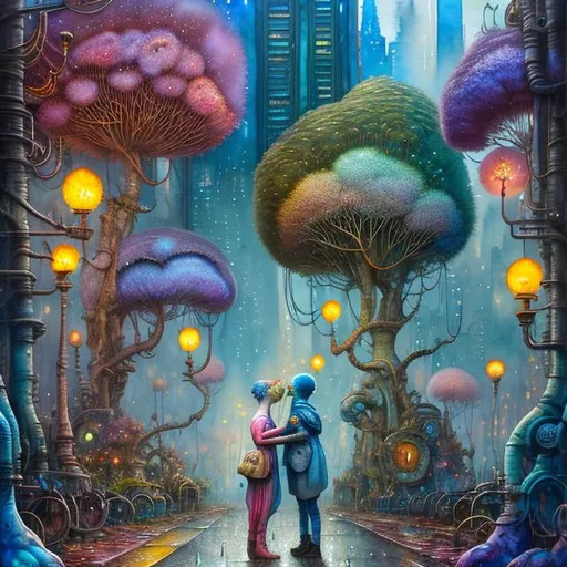 Prompt: Two large nerds posting weirdo in democratic fashion. Centered standing in a Fantasy Forest trees, Watercolor, steampunk, New York City street,  near death experience, buildings,  trees, tall trees along street, storefront, sunrise, petals rain, watercolor , New York City,  art by Daniel Merriam, Josephine Wall, Jeremy Lipkin,  Alayna Danner,  super clear resolution,  intricate, highly detailed, crispy quality, dynamic lighting, hyper-detailed and realistic, fantastic view