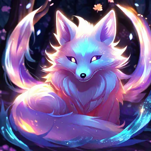 Prompt: A translucent kitsune that is glowing, in a den, glitter, highres, best quality, concept art