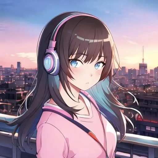 girl wearing headphones, city background, very anime... | OpenArt