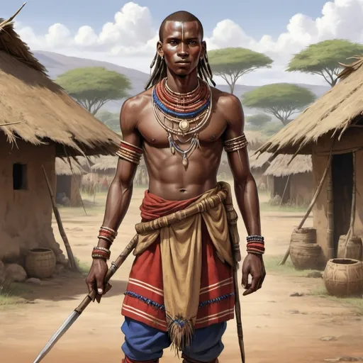 Prompt: Full body, Fantasy illustration of a male massai warrior, 20 years old, kind expression, traditional garment, high quality, rpg-fantasy, detailed, massai village background
