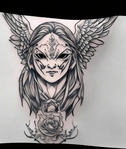 Prompt: Sketchy tattoo style, angel with tengu half face mask