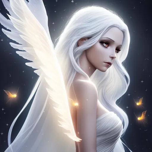 Prompt: bust of a beautiful dark angel in the style of Pixar with a long flowing gown and white hair, sunshine, two clear wings, light beams, sparkle, digital art, smooth lighting, fireflies, stars, backlit