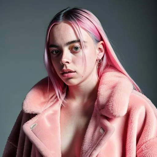 Prompt: Billie Eilish ai art, wearing pink furry coat, photorealistic, studio lighting