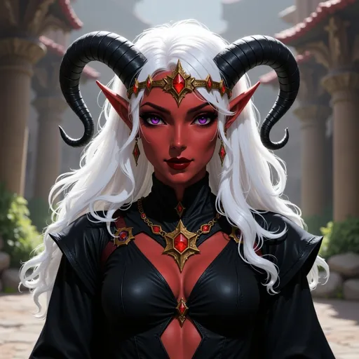 Prompt:  @p2CZMES7VK5y7B1QsEFp white hair, large crown, lots of jewelry, horns curved down, black clothes, walking in fantasy city