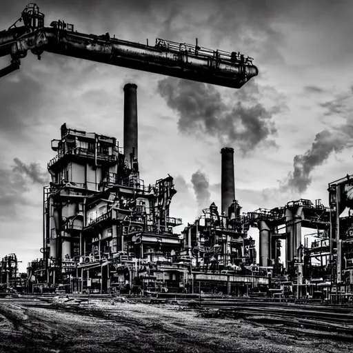 Prompt: a wide angle black and white magazine style print of a steel mill, 4k