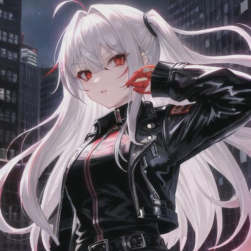 Girl with red eyes and silver hair in the future in... | OpenArt