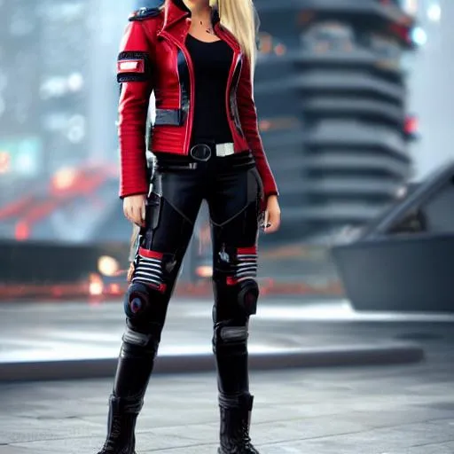 Prompt: blond female, mid twenties, space smuggler, red leather jacket, cargo trousers, thigh pistol holster, high quality, highly detailed, cyberpunk, zoomed out view, digital art