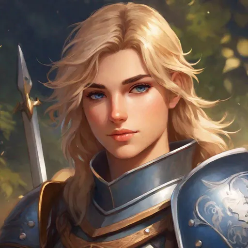 Prompt: a young adult {femboy}, medieval knight paladin holding a sword, detailed face, short brown to blonde hair, dark blue eyes, sun tanned skin, skin spores, round shaped nose, round cheeks, metal armor.