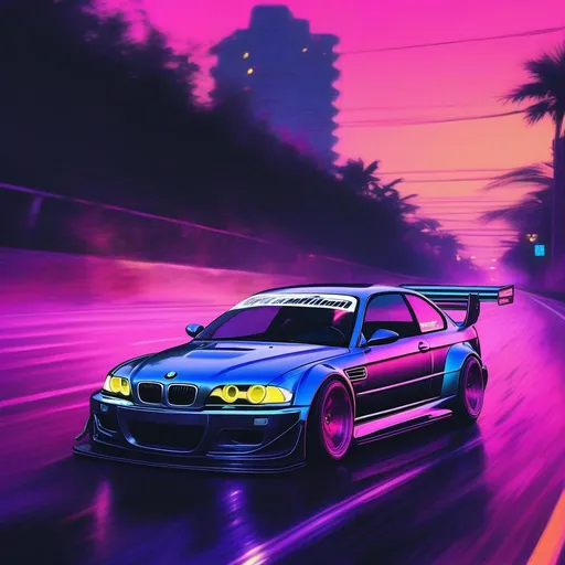 Prompt: 2001 BMW M3 E46 GTR, synthwave, aesthetic cyberpunk, miami, highway, dusk, neon lights, coastal highway, dusk, neon lights, coastal highway, sunset, drift, nurburgring, water on the road, blade runner, 8k, watercolor