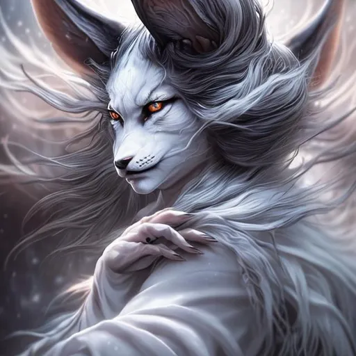 Prompt: Hyperrealistic half transformed kitsune partially shrouded in shadow, angrily peers with glowing blue eyes, silky white fur, long flowing hair flowing around her, sharp long nails in traditional geisha garb