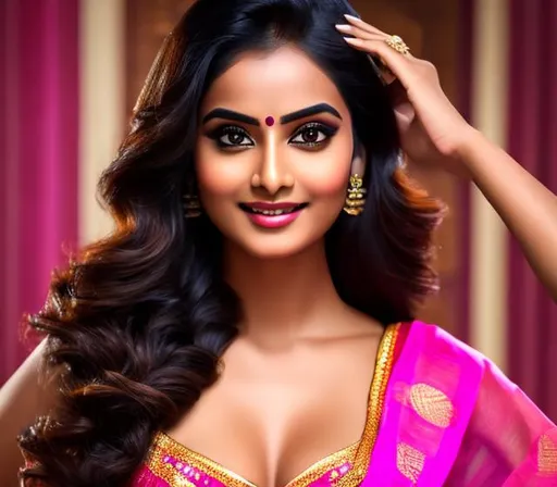 Prompt: photo realistic portrait of {Indian lady } pose on {Bathroom} for playboy magazine centerfold wearing {Tight Saree and Blouse , colour pink}, symmetrical face, ideal human, photography, ultra details, natural light, Saree Wearing, Riding a Scooty,
