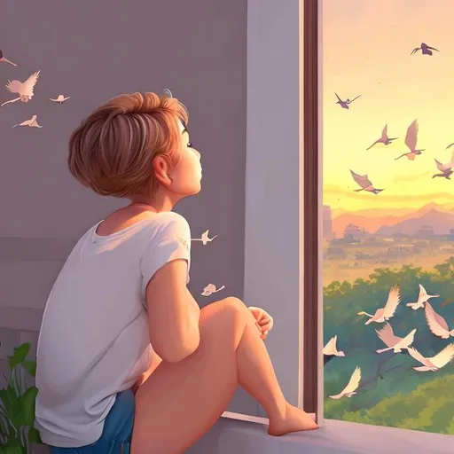 Prompt: a paiting of one beautiful short hair blonde girl looking out the window, seeing the sunset with birds flying. Cartoon style