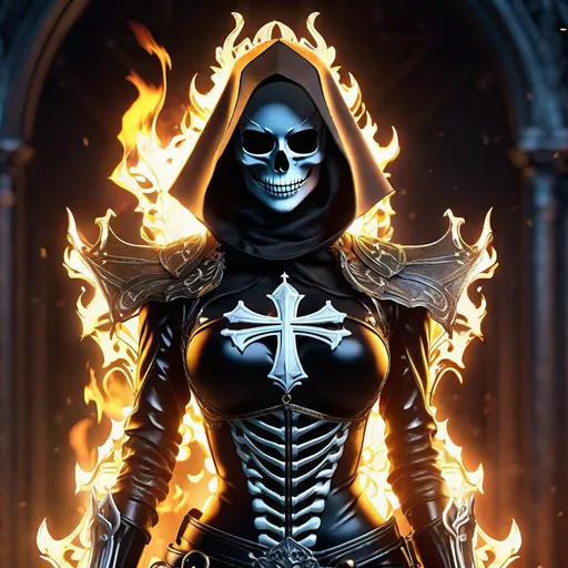 Prompt: Highly detailed 4k UHD anime illustration of a female ghost rider Nun, skeleton form perfect autonomy body shape, muscular slim body tone, defined abs, anime, horror, skeletal features, intense eyes, dark atmosphere, hauntingly beautiful, atmospheric lighting, eerie glow, highres, detailed skeletal structure, spectral aura, professional