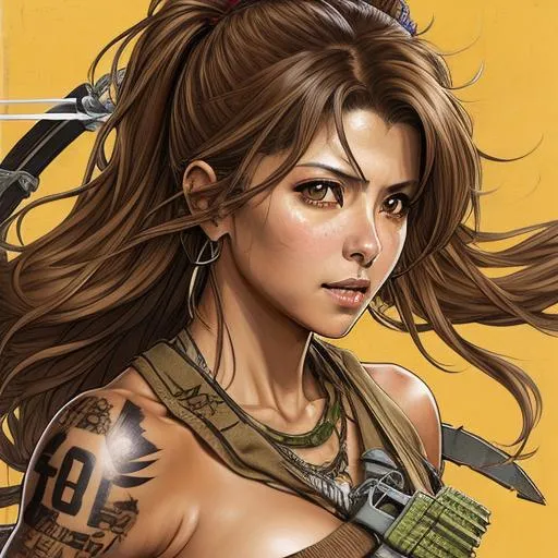 Prompt: (((Yoji Shinkawa))), sticker of ultra detailed portrait of Marisa Tomei, 25 years old, as Tribal warrior,  high quality cell shaded illustration in post apocalyptic style by Yoji Shinkawa, ((full body)), dynamic pose, perfect anatomy, centered, freedom, soul, brown long hair, approach to perfection, cell shading, 4k , cinematic dramatic atmosphere, watercolor painting, global illumination, detailed and intricate environment, artstation, concept art, fluid and sharp focus, volumetric lighting, cinematic lighting, Artby Ilya Kuvshinov,