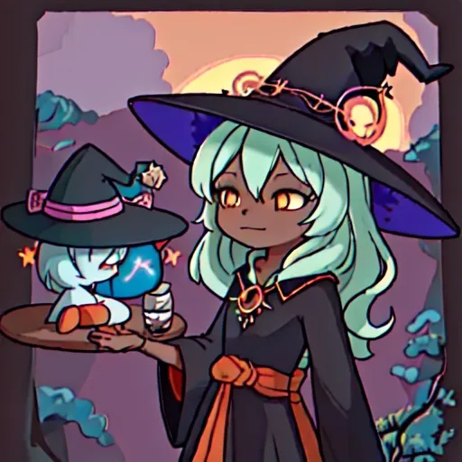 Prompt: sky Witch, colors are sunset-themed, lacy witch hat and witch outfit.
Wood Witch, colors are Ebony, lacy witch hat and witch outfit ebony colored with wood and vine pattern
Sky witch talks to wood witch.

best quality, masterpiece

