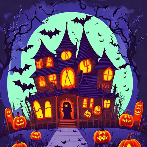 Prompt: kids illustration, spooky Halloween with ghost pumpkin bats and old house in background, cartoon style, thick lines, vivid color --ar 85:110