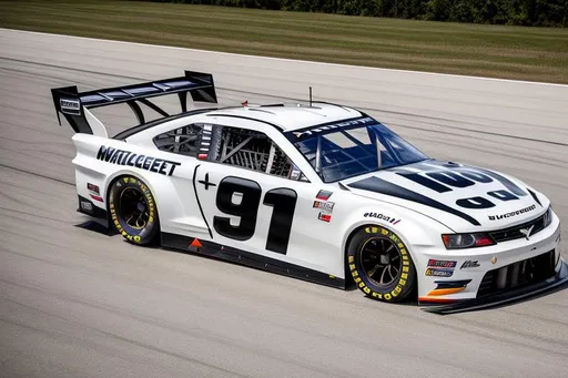 Prompt: No wing, Next Gen Nascar stock car, spoiler on trunk, sponsored by OpenArt, white and dark grey color scheme