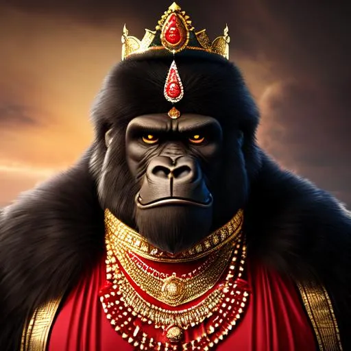 Prompt: King kong in an indian dress looking towards the camera , NFT , realistic , portrait , cigar in mouth , dark black background 