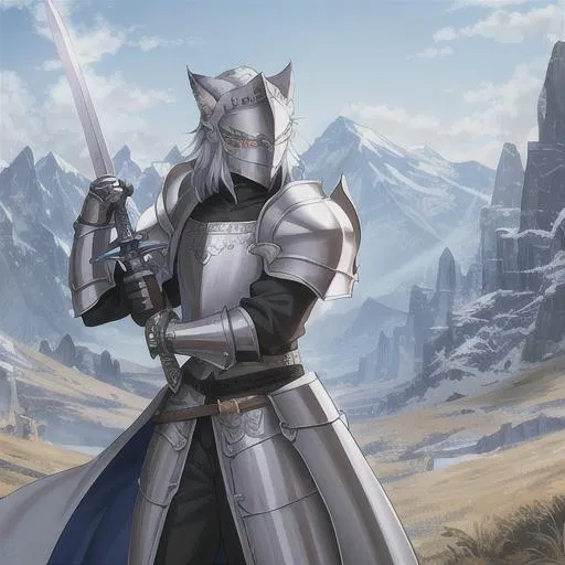 Prompt: A catfolk paladin holding a sword. Silver plate armor, he wears an helmet. Mountains in background.
Well draw 