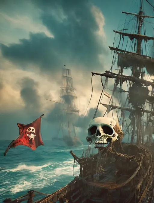 Prompt: In the Caribbean's azure waters, a formidable pirate ship emerges from the mist. Its dark, weathered hull and tattered sails speak of countless voyages. Jolly Roger flags flutter as the ship embarks on another daring adventure. volcano skulls