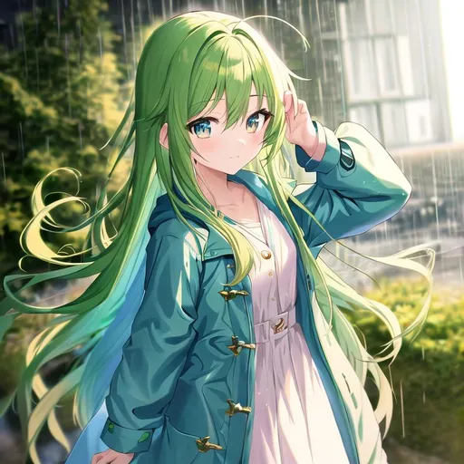 Prompt: anime style, (masterpiece, best quality:1.2), illustration, absurdres, highres, extremely detailed, 1 (petite) girl, blue long hair, golden eyes, eye highlights, (green raincoat), chromatic aberration abuse, pastel color, facing camera, raining, happy, wearing raincoat, dress, zoom-in