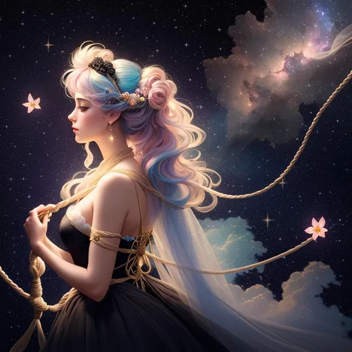 Prompt: profile painting of a beautiful girl, style of Fragonard and Yoshitaka Amano (pastel hair), shibari, ropes, stars, clouds, nebula (intricate black gown), 
arms showing, legs showing, flowers, delicate, fireflies, soft, ethereal, luminous, glowing, dark contrast, celestial, ribbons, trails of light, 3D lighting, soft light, vaporwave