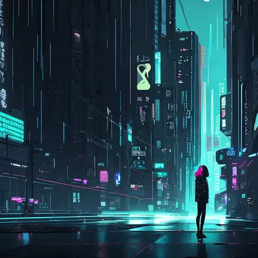 Prompt: A female gazes at the void in a far distance. Black cut hair. winter clothes. rainy day. cold and gray tone. blue and green tone. gloomy tone. night street background.  wind swirling, dramatic light, 4k, cyberpunk, Lighting and shadow visual effects, arcane artstyle. high buildings