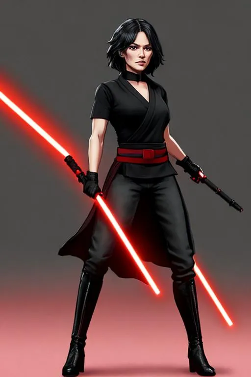 Prompt: A woman sith lord, black short-length hair, black short sleeve shirt, black vest past the waist, black belt, black pants, black boots, two lightsabers one red one light pink