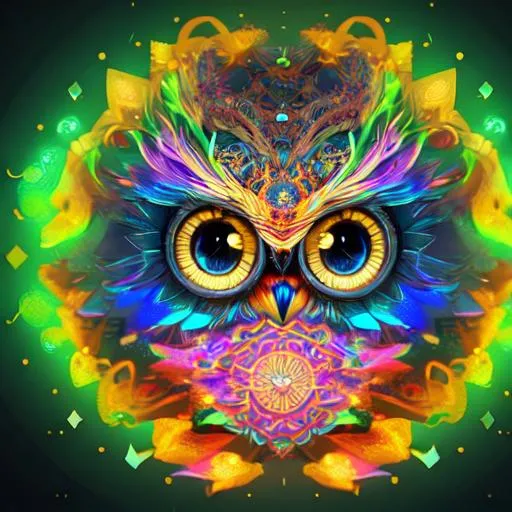 Prompt: adobe sticker illustration svgsymmetrical! unrealistic, highly detailed, close-up portrait of an intricate celestialowl ghost head wearing a tinsel, rendered hazel eyes, surrounded by colored smoke, night background, trending on artstation, masterpiece, 64k, octane render, volumetric lighting, illustration, art by artgem digital painting