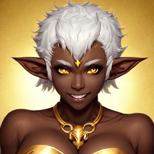 Prompt: Face portrait, gorgeous woman, large chest, dark skin, white messy fluffy short hair, yellow eyes, elf ears, playful smile with fangs, made out of marzipan, icing, frosting,  golden ratio, Boku no hero art style