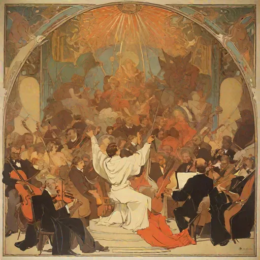 Prompt: painting of "God conducting the orchestra playing a private symphony to the Devil on a throne in the center of the stage" in art deco style by alphonse mucha