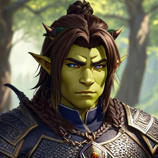 Prompt: "Full body, oil painting, fantasy, anime portrait of a half-orc male warrior, with cropped light  brown hair and dark hazel eyes, short elf ears, green skin, | wearing intricate chainmail, #3238, UHD, hd , 8k eyes, detailed face, big anime dreamy eyes, 8k eyes, intricate details, insanely detailed, masterpiece, cinematic lighting, 8k, complementary colors, golden ratio, octane render, volumetric lighting, unreal 5, artwork, concept art, cover, top model, light on hair colorful glamourous hyperdetailed medieval city background, intricate hyperdetailed breathtaking colorful glamorous scenic view landscape, ultra-fine details, hyper-focused, deep colors, dramatic lighting, ambient lighting god rays, flowers, garden | by sakimi chan, artgerm, wlop, pixiv, tumblr, instagram, deviantart