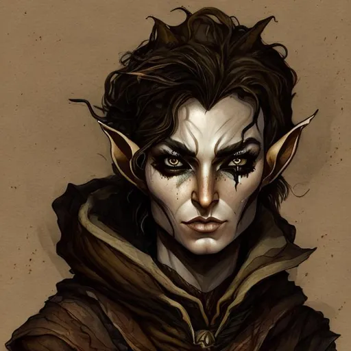 Prompt: A middle aged, androgynous elf. Wrapped in a tattered brown rags. No distinctive male or female features. Eyes are sad and dark. Skin is ash white. Hair is black.