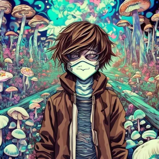 Prompt: insane, cute anime boy, brown hair, smiling, trippy background, drugs, mushrooms in background, mask, illusions 