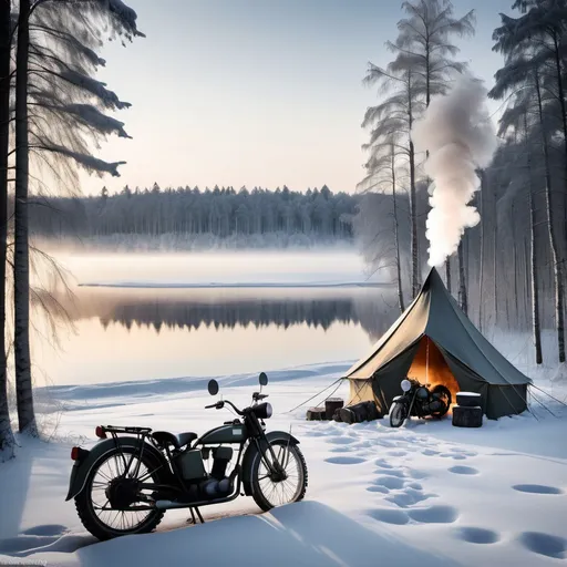 Prompt: (finnish military tent puolijoukkueteltta), winter landscape, lake shore ambiance, motorcycles parked in front, chimney smoke rising, serene atmosphere, crisp cold tones, *soft snowy ground*, *morning light illuminating the scene*, details of the tent's structure, *enhanced contrast* for dramatic effect, high quality resolution, *stark beauty of nature*.