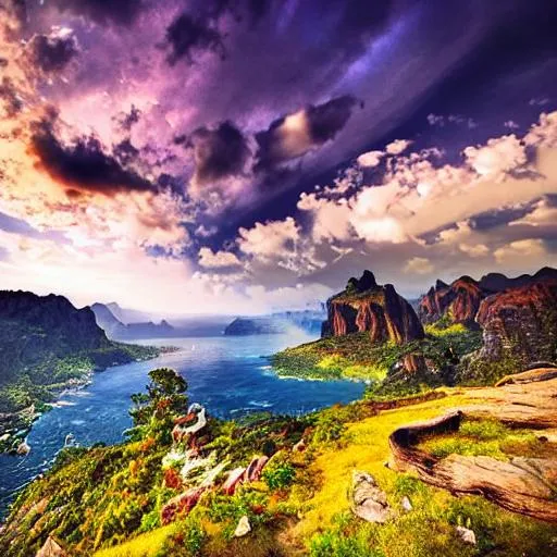 Prompt: long shot scenic professional photograph of {scenery} a bunch of mythic animals, perfect viewpoint, highly detailed, wide-angle lens, hyper realistic, with dramatic sky, polarizing filter, natural lighting, vivid colors, everything in sharp focus, HDR, UHD, 64K